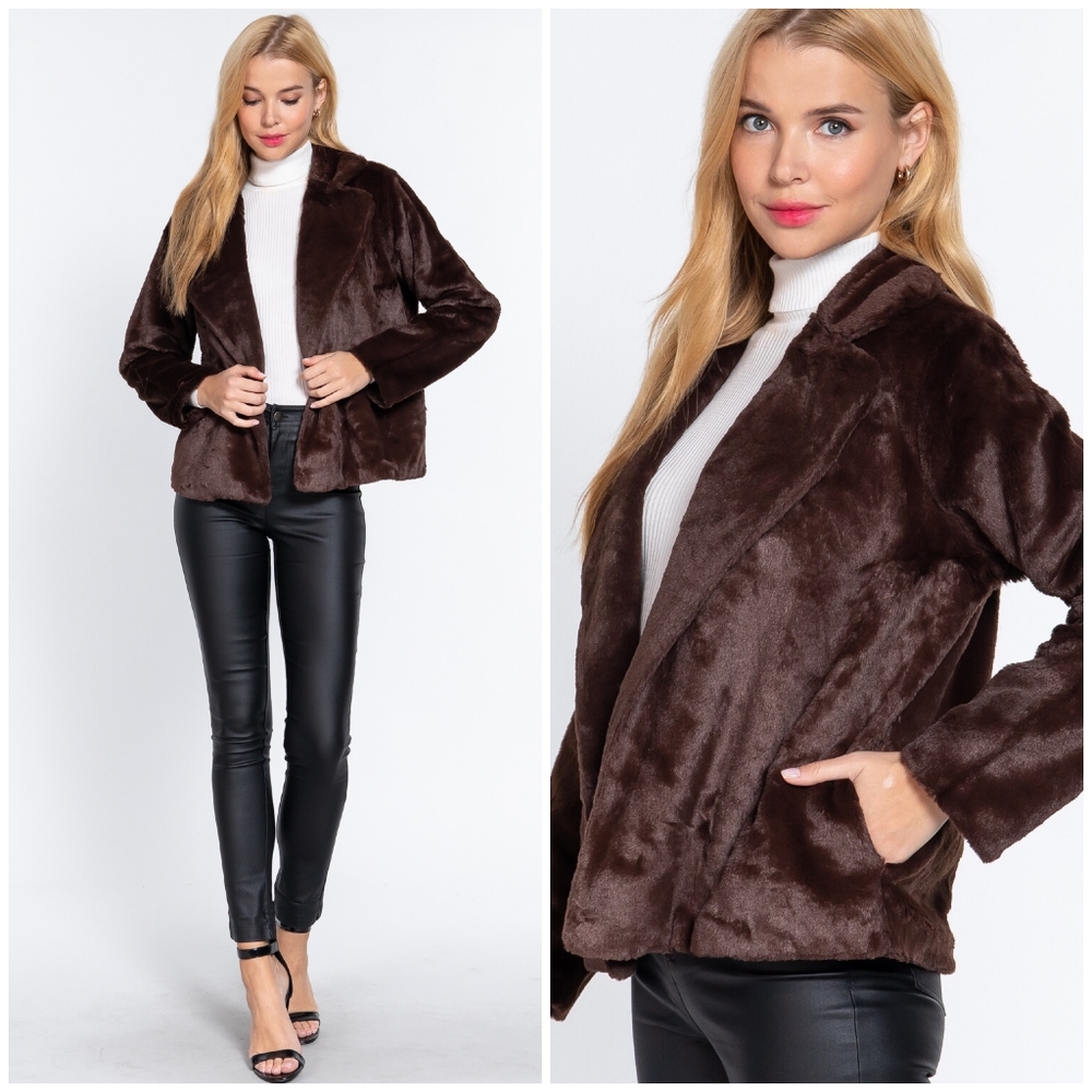 Sophisticated Chic Classic Brown Faux Fur Open Coat